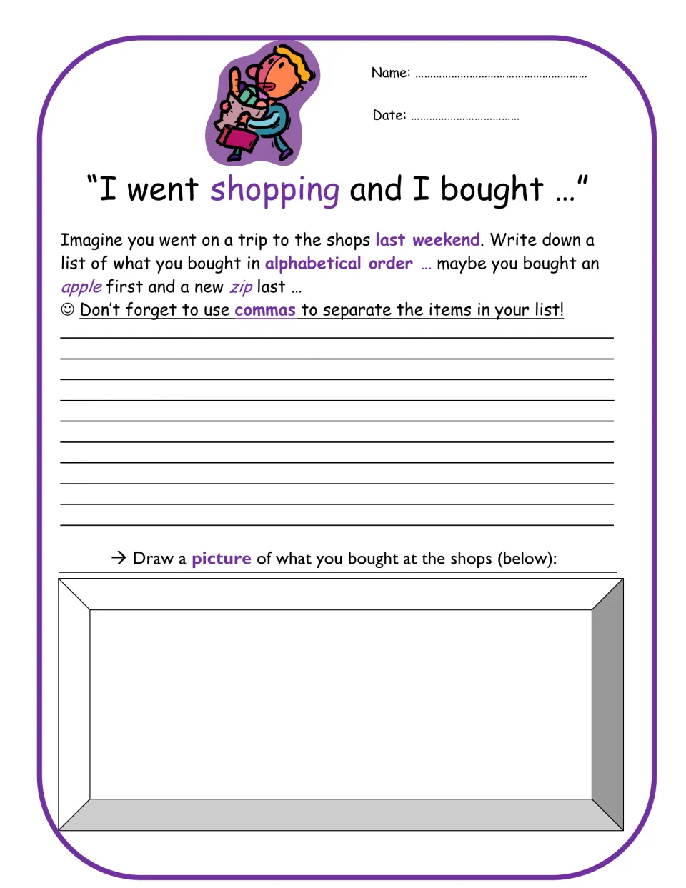 Commas in a list: "I went shopping and I bought..." students write an A-to-Z shopping list, then draw their items
