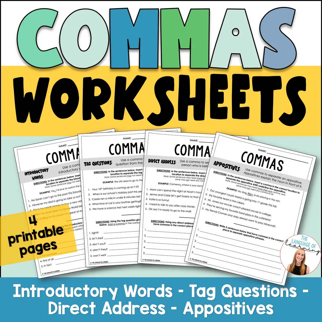 Commas Worksheets - 4 Grammar Practice Activities Worksheets – cover