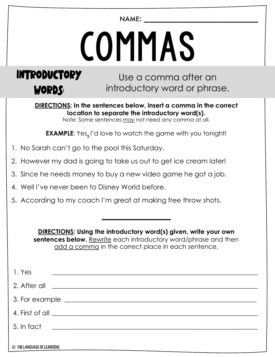 Commas after introductory words: students insert commas in 5 sentences, then write sentences starting with Yes or In fact