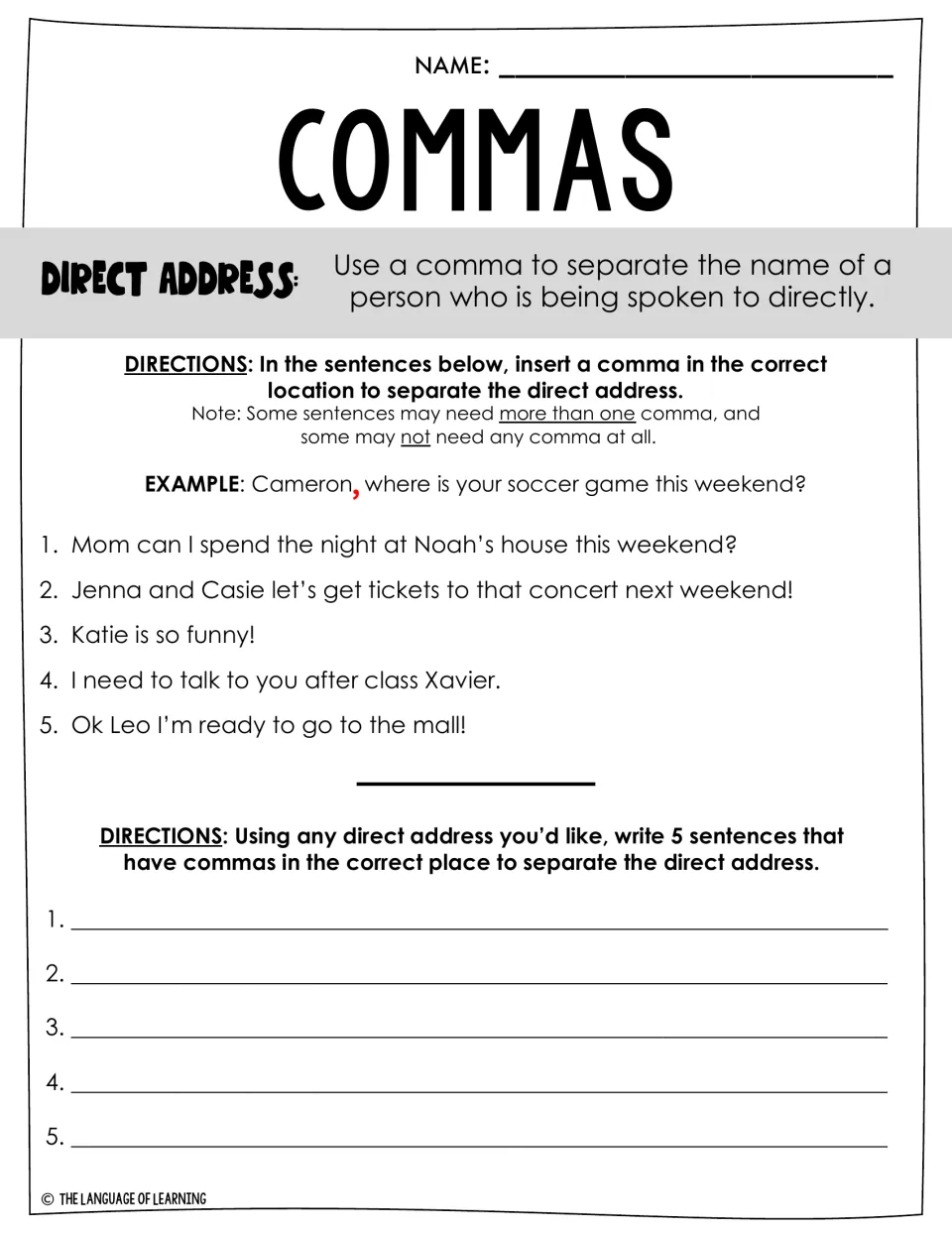 Direct address commas: students set off names like Mom and Xavier in 5 sentences, then write 5 sentences of their own