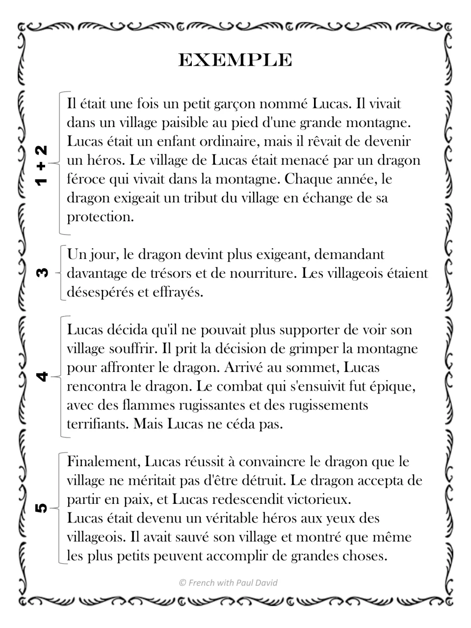 French model story about Lucas saving his village from a dragon, with sections numbered by story element