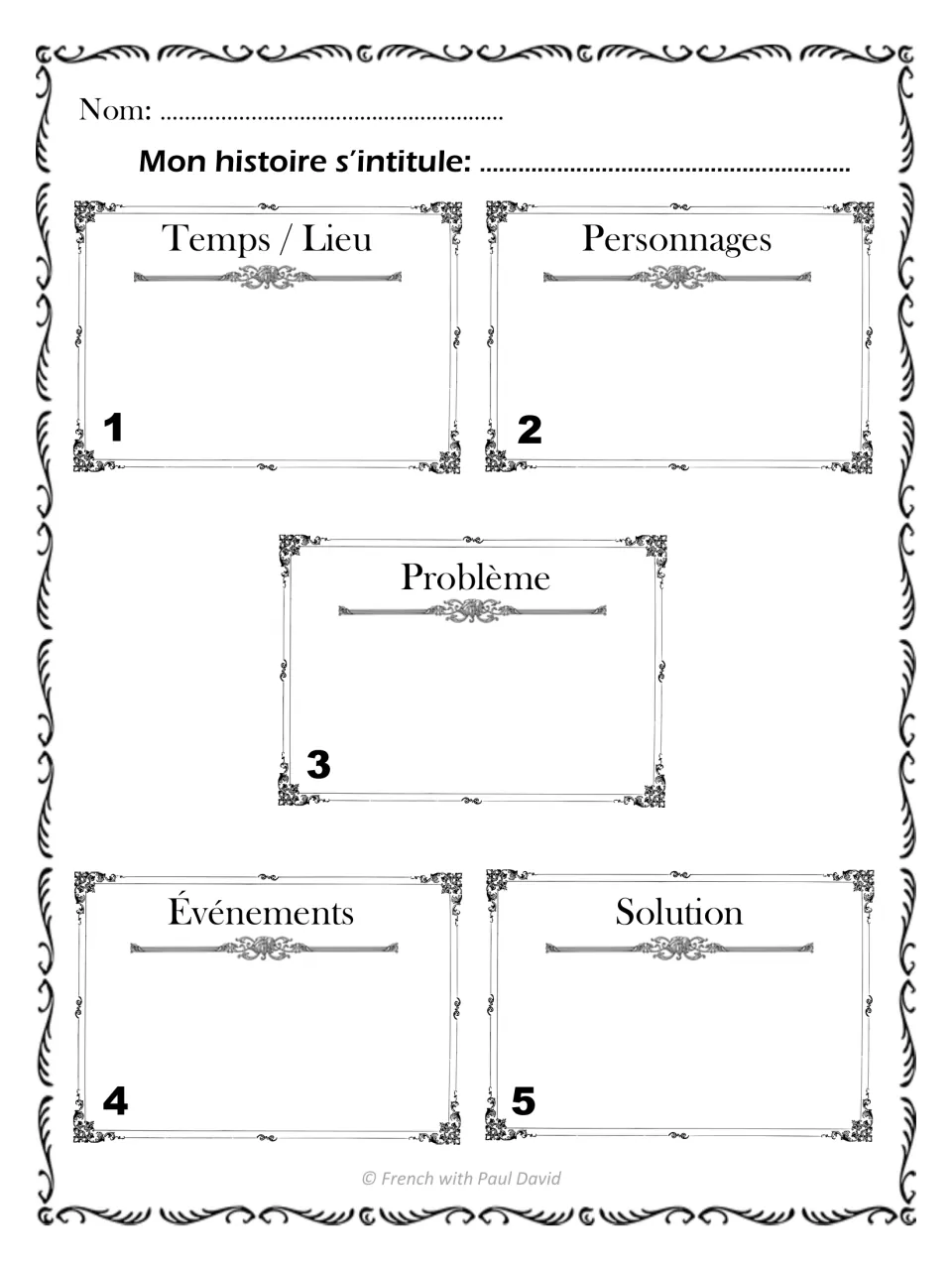 French story planner for a title, setting, characters, problem, events, and solution, numbered 1 through 5