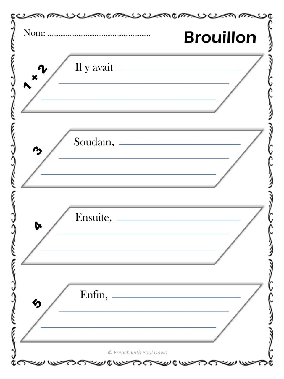 French rough-draft guide using Il y avait (there was), Soudain (suddenly), Ensuite (next), and Enfin (finally)