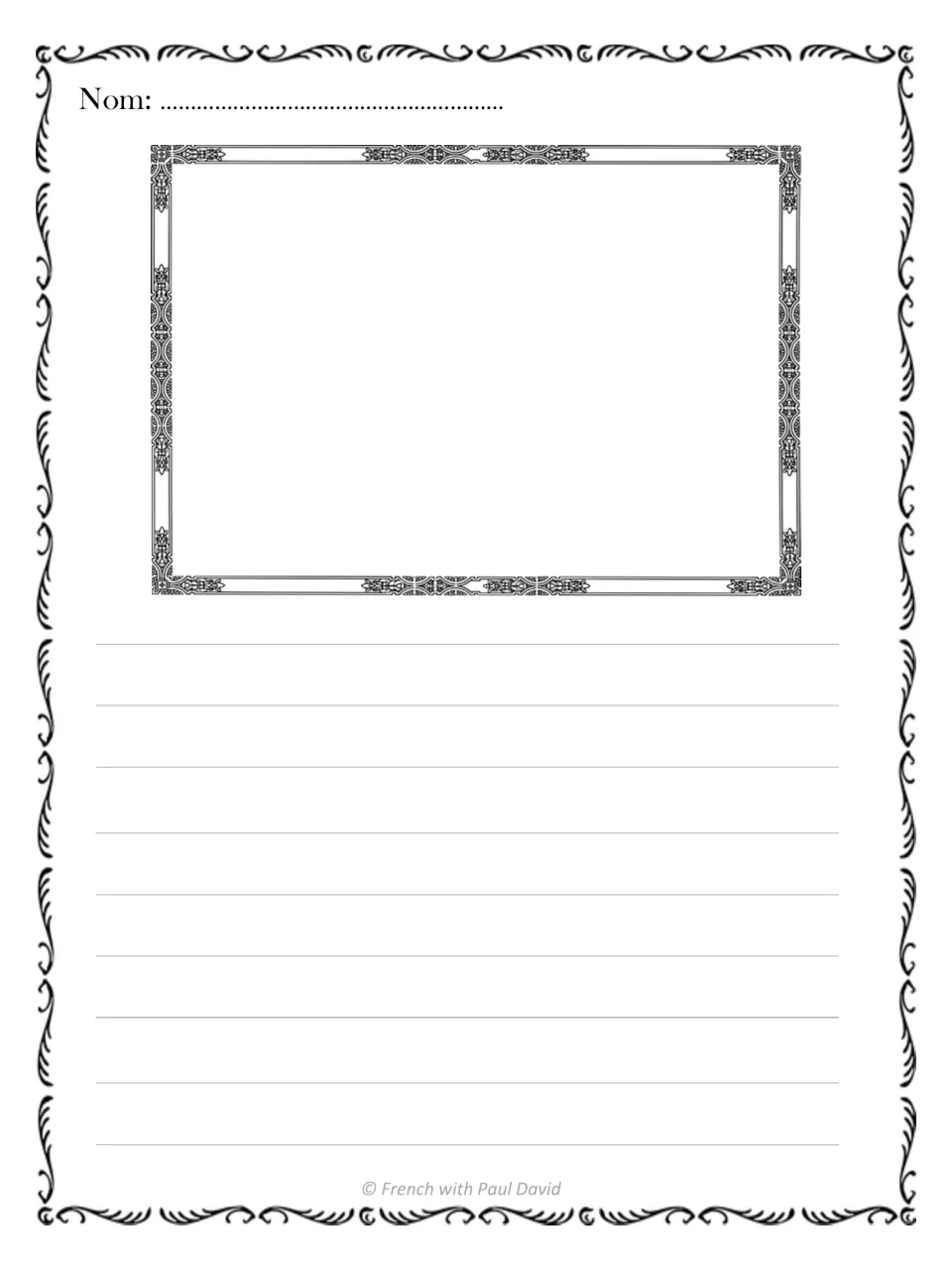 French story-writing paper providing space for a student illustration and written story, plus a name field