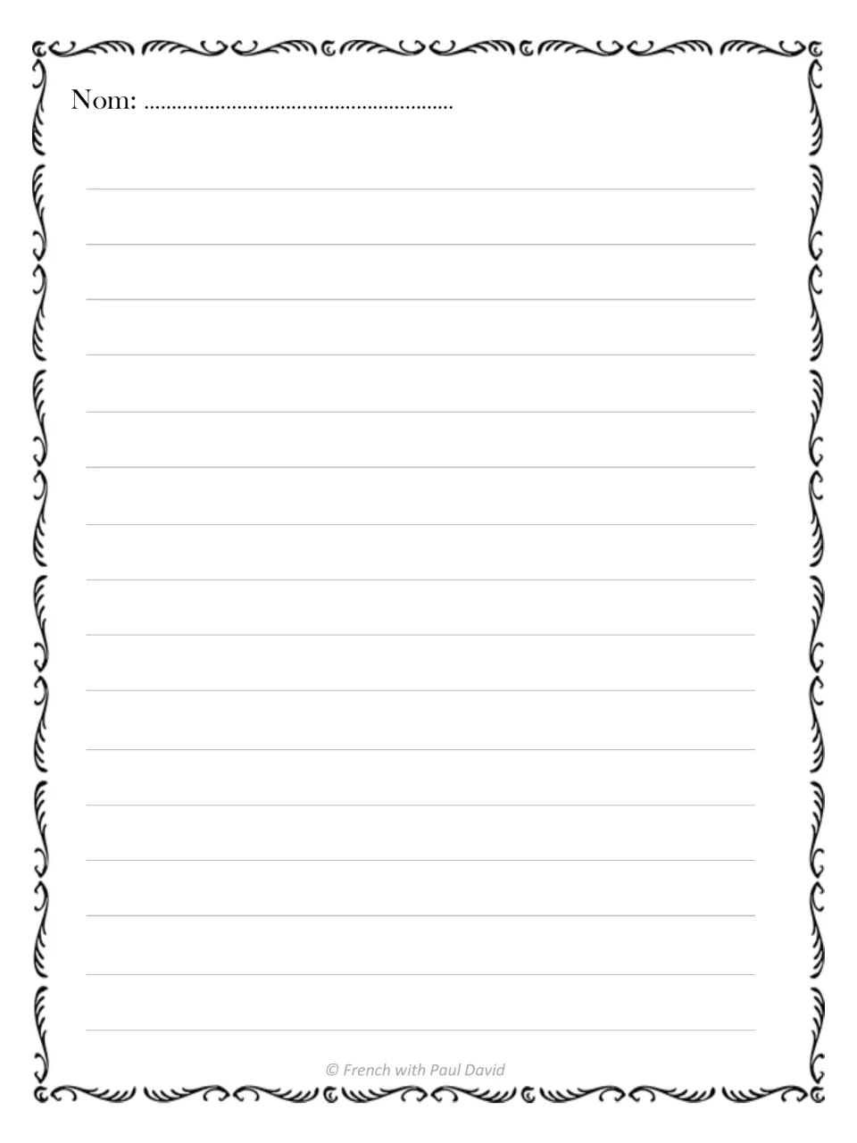 French story-writing paper providing a full page for students to write their story, with a name field