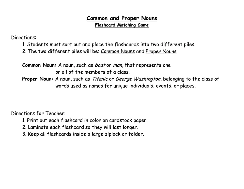 Noun sorting game directions: students sort flashcards into common and proper noun piles; definitions and prep steps