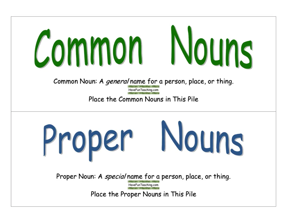 Sorting header cards: Common Nouns, a general name, and Proper Nouns, a special name, used to mark the two piles
