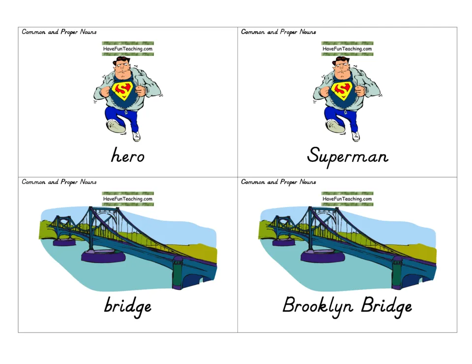 Noun picture cards pairing common and proper nouns: hero with Superman, and bridge with Brooklyn Bridge, for sorting