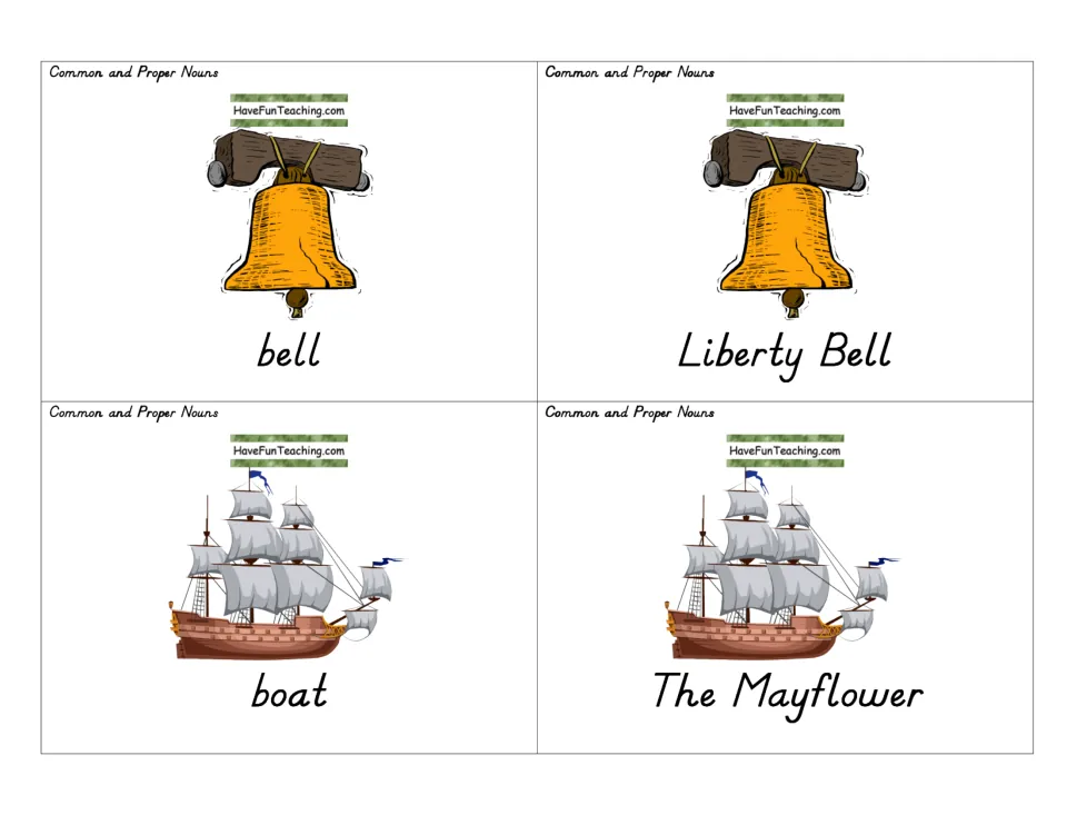 Noun picture cards with a historic theme: bell with Liberty Bell, and boat with The Mayflower, sorted by noun type
