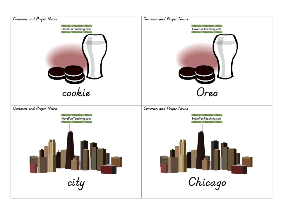 Noun picture cards for sorting general and specific names: cookie with Oreo, and city with Chicago beside a skyline