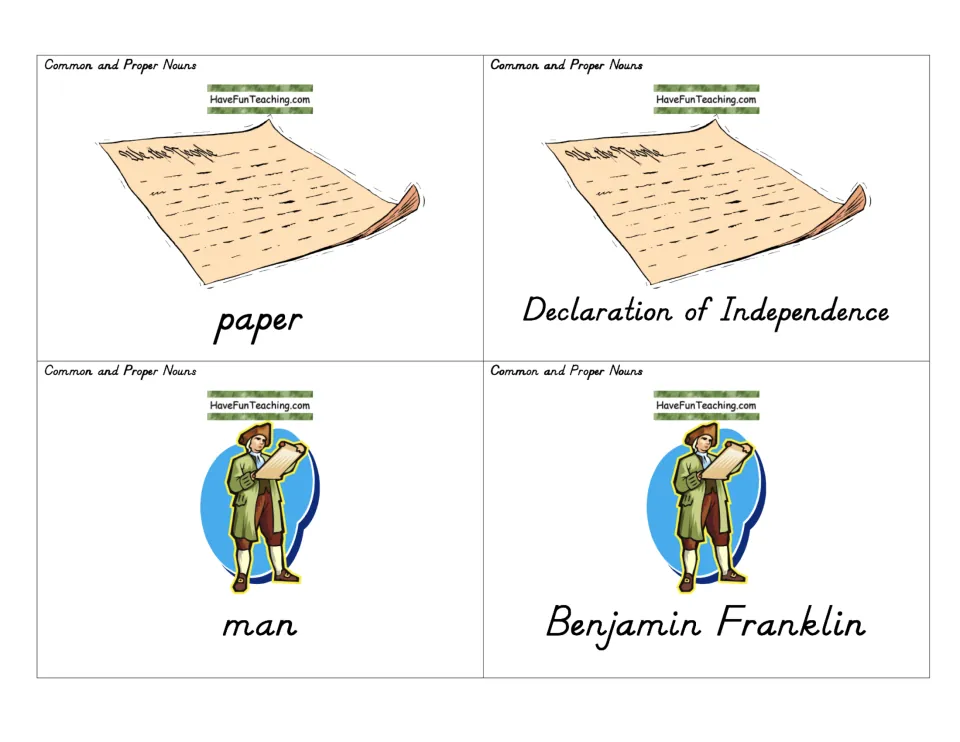 Noun picture cards showing paper with Declaration of Independence and man with Benjamin Franklin for the pile sort