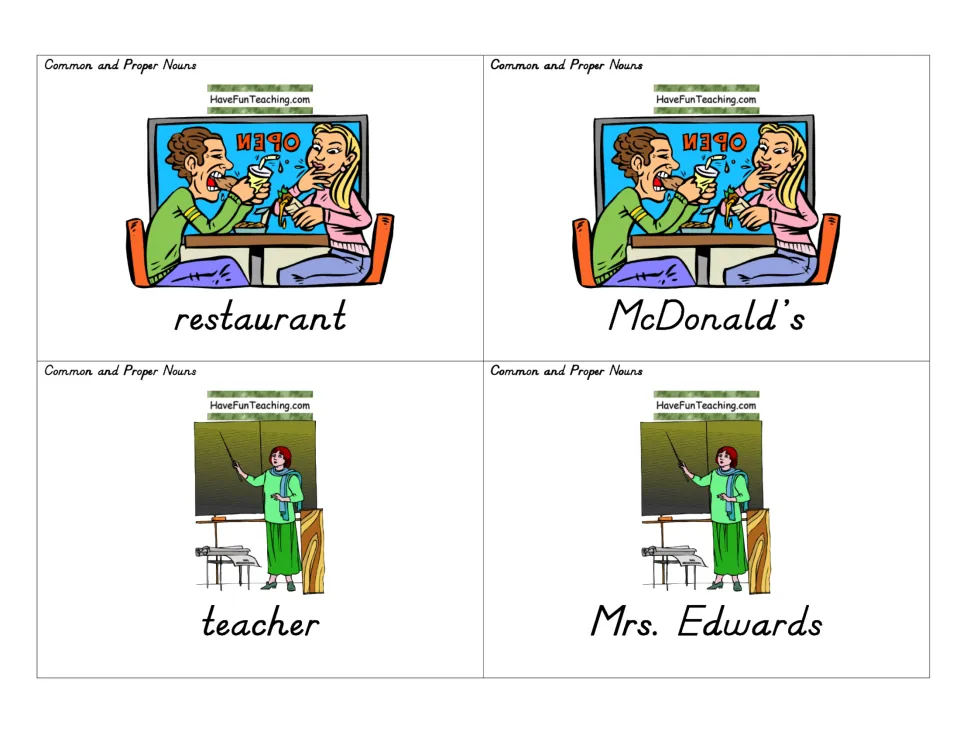 Noun picture cards pairing restaurant with McDonald's and teacher with Mrs. Edwards, to sort into general or named piles