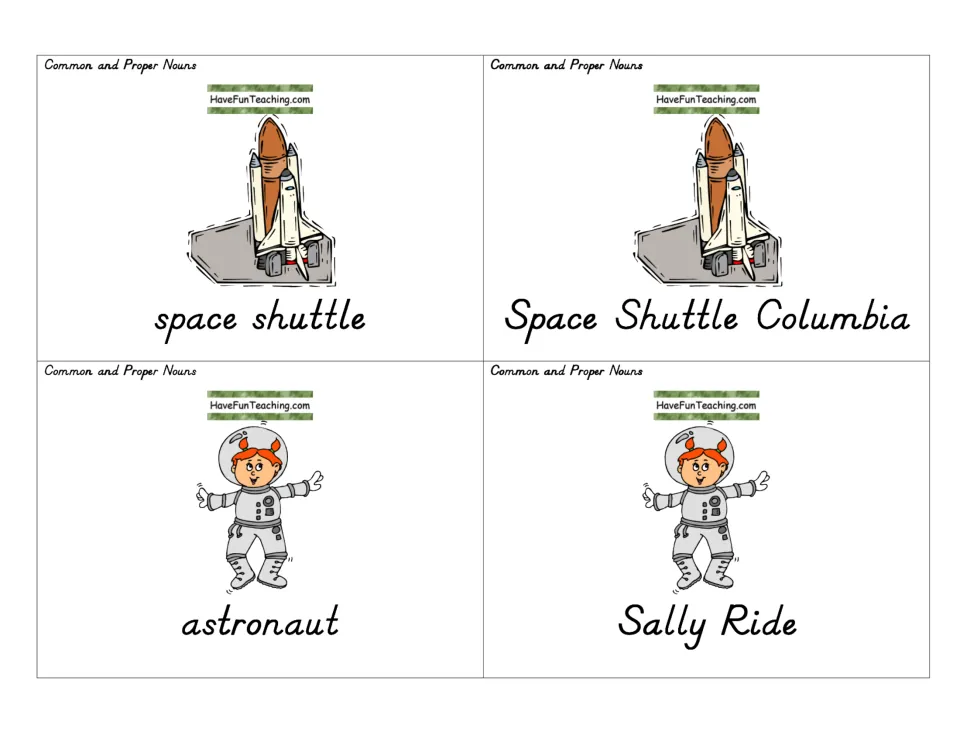 Noun picture cards on space: space shuttle with Space Shuttle Columbia, and astronaut with Sally Ride, for noun sorting