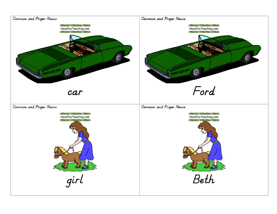 Noun picture cards matching car with Ford and girl with Beth, each pair sharing one picture, to sort by type of noun