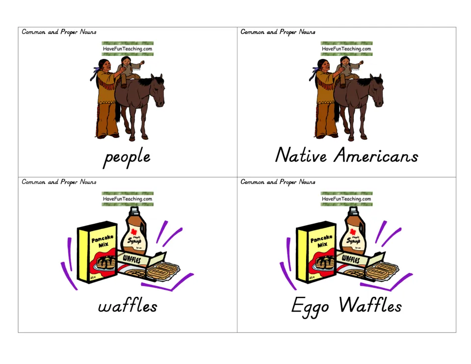 Noun picture cards with people and Native Americans, plus waffles and Eggo Waffles, for the final round of sorting