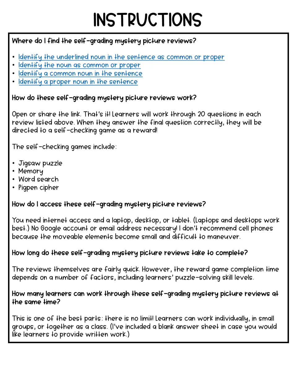 Instructions: links to four 20-question reviews on identifying common and proper nouns, plus reward games like word search