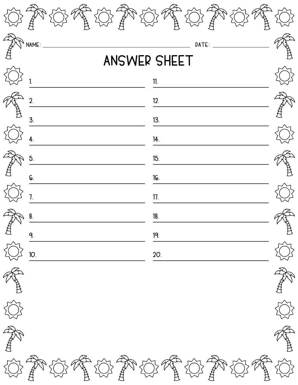 Answer sheet: students write their responses to the 20 noun review questions by number, with name and date at the top