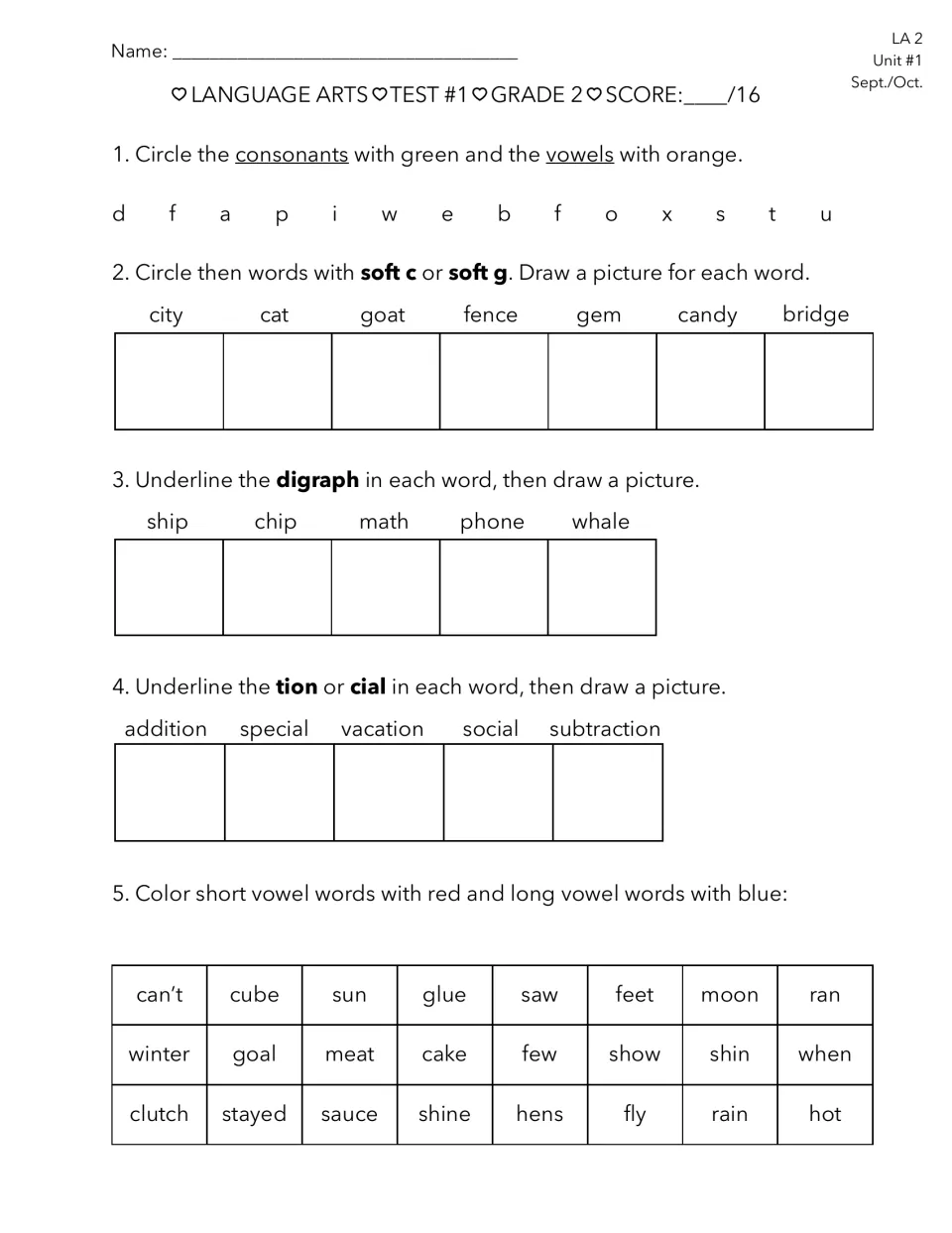 Language Arts Test 1, items 1–5: consonants, vowels, soft c and g, digraphs, and tion or cial endings