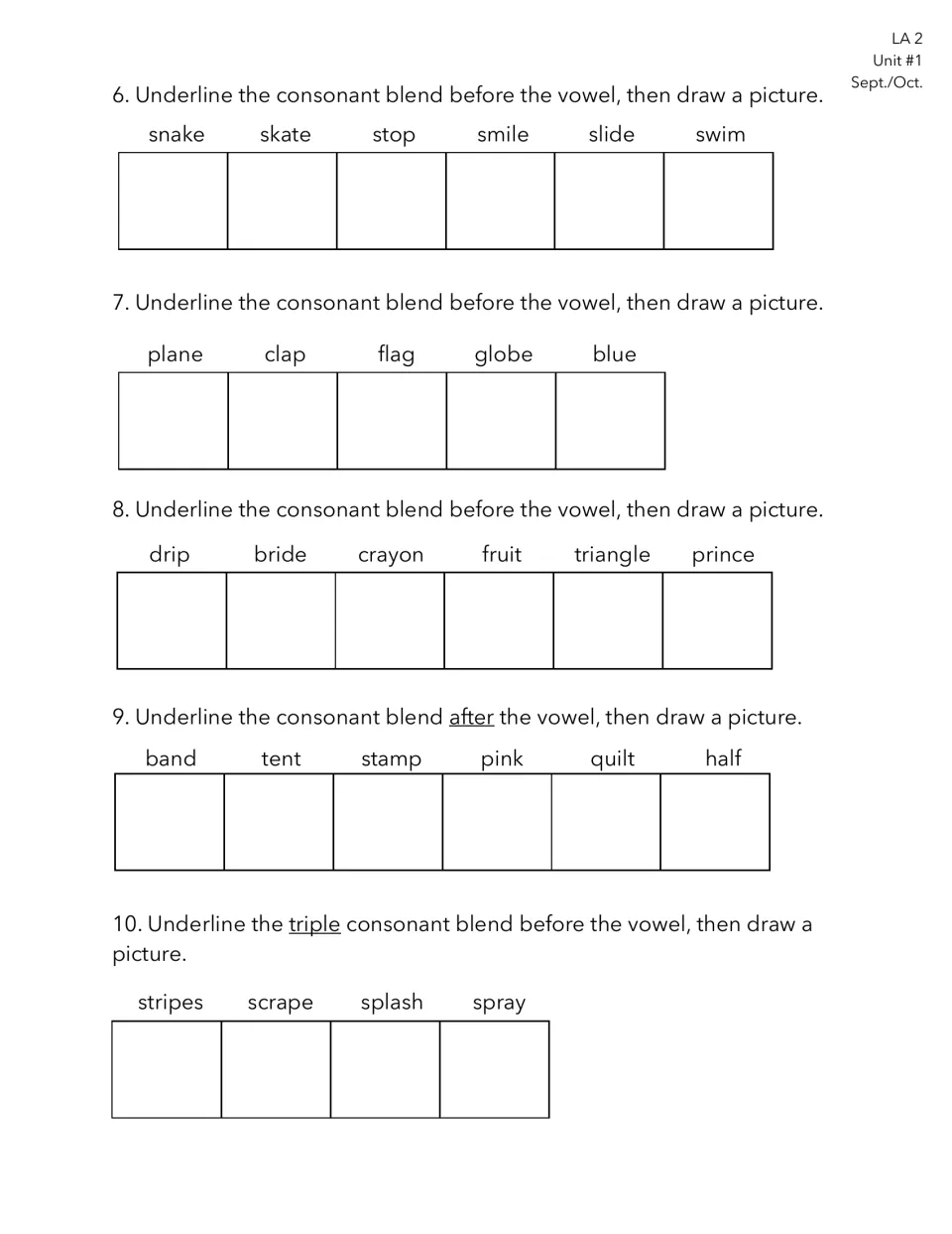 Language Arts Test 1, items 6–10: identify consonant blends in snake, plane, drip, band, and stripes