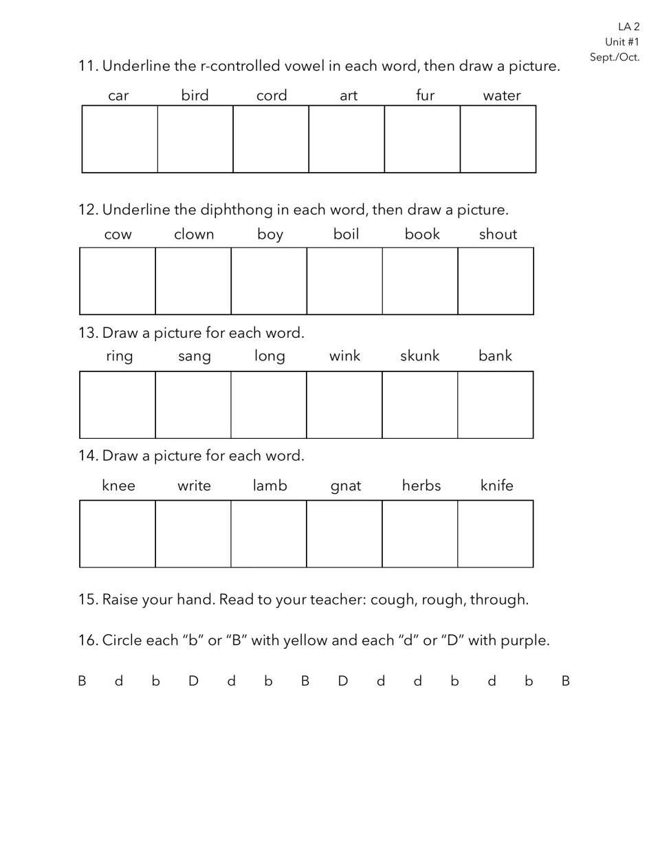 Language Arts Test 1, items 11–16: r-controlled vowels, diphthongs, word drawings, oral reading, and b/d