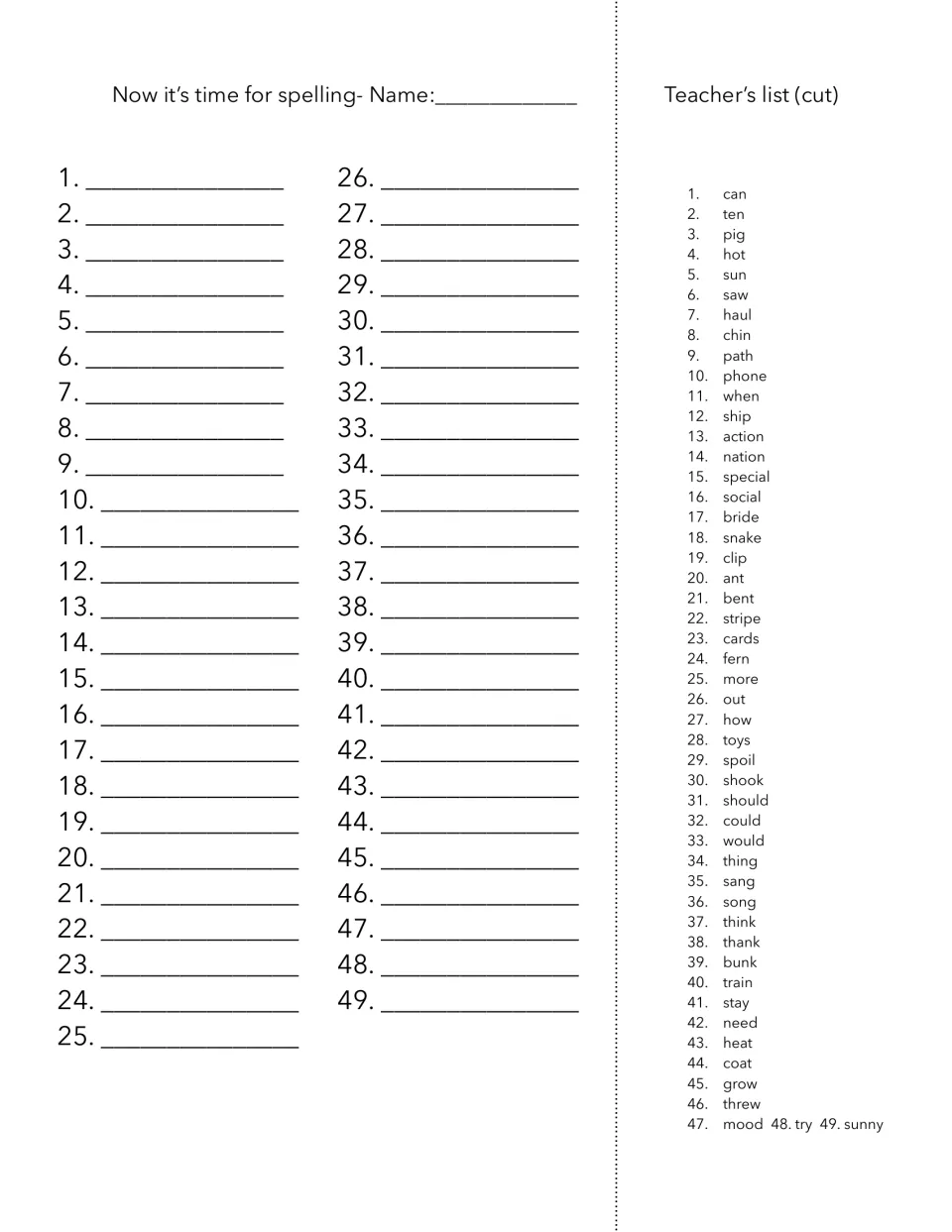 Spelling test with 49 numbered responses and a teacher word list beginning can, ten, pig, hot, and sun