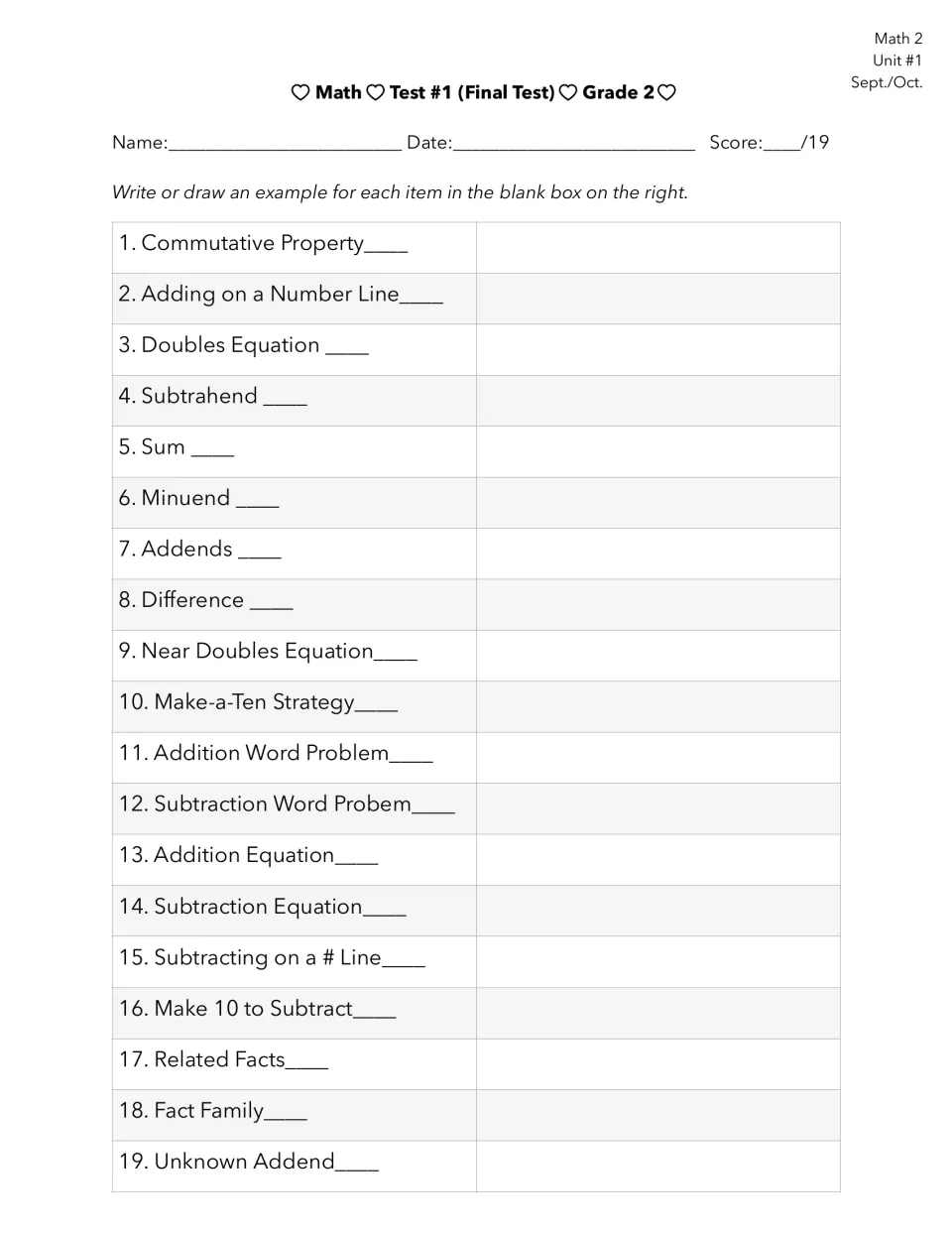 Math Test 1 final test: write or draw examples for 19 terms, including sum, difference, and unknown addend