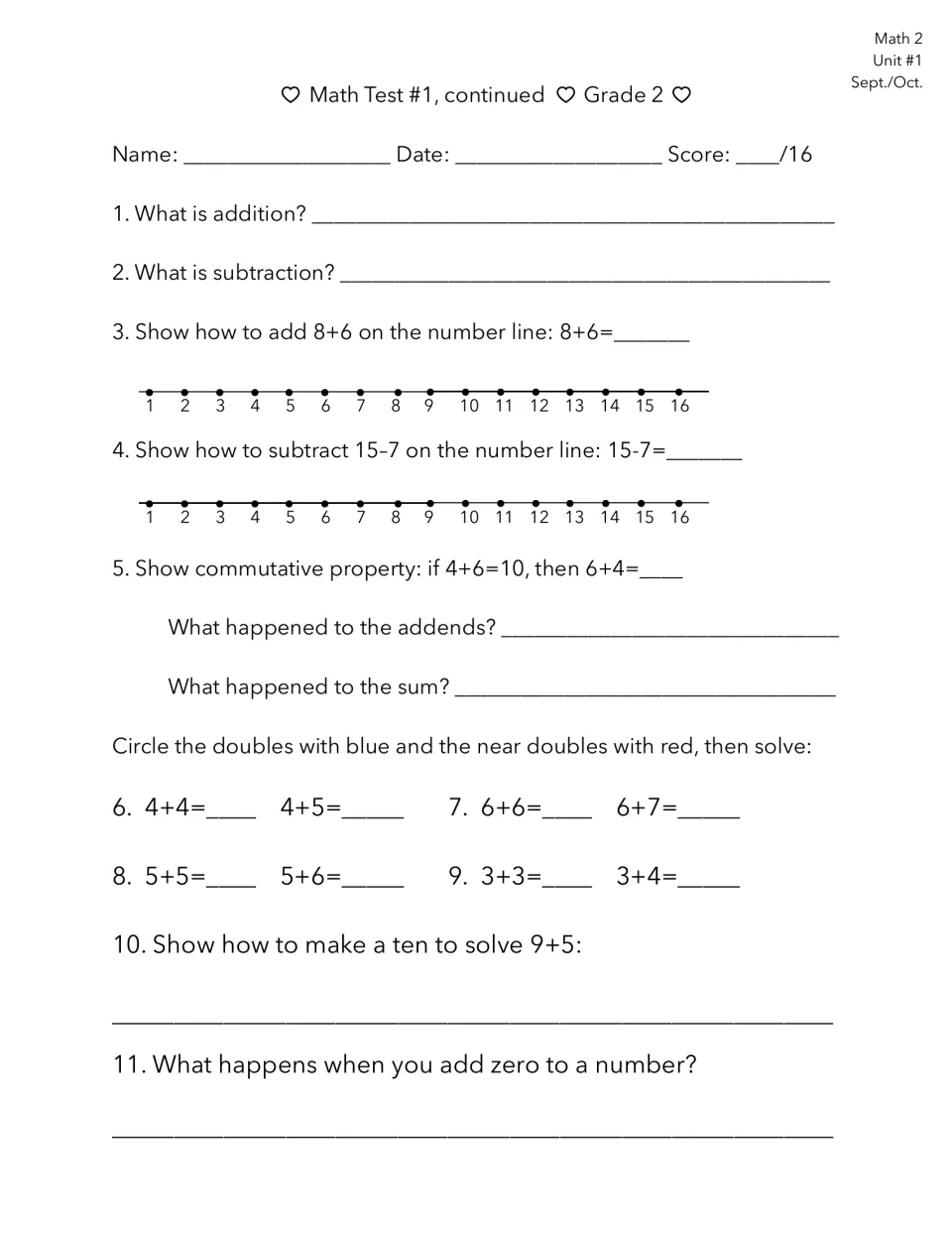 Math Test 1 continued: solve 8+6 and 15−7 on number lines, compare doubles, make ten, and explain adding zero