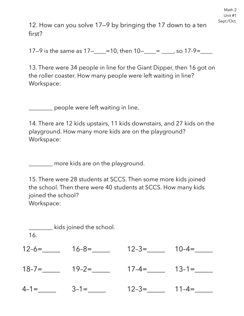 Math Test 1, items 12–16: make ten to solve 17−9, solve three word problems, and complete subtraction facts