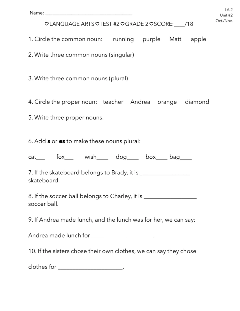 Language Arts Test 2, items 1–10: common and proper nouns, singular and plural nouns, possessives, and pronouns