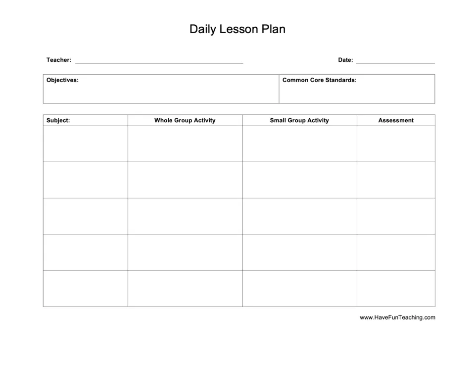 Daily lesson plan: teachers fill in objectives, Common Core standards, whole and small group activities and assessment