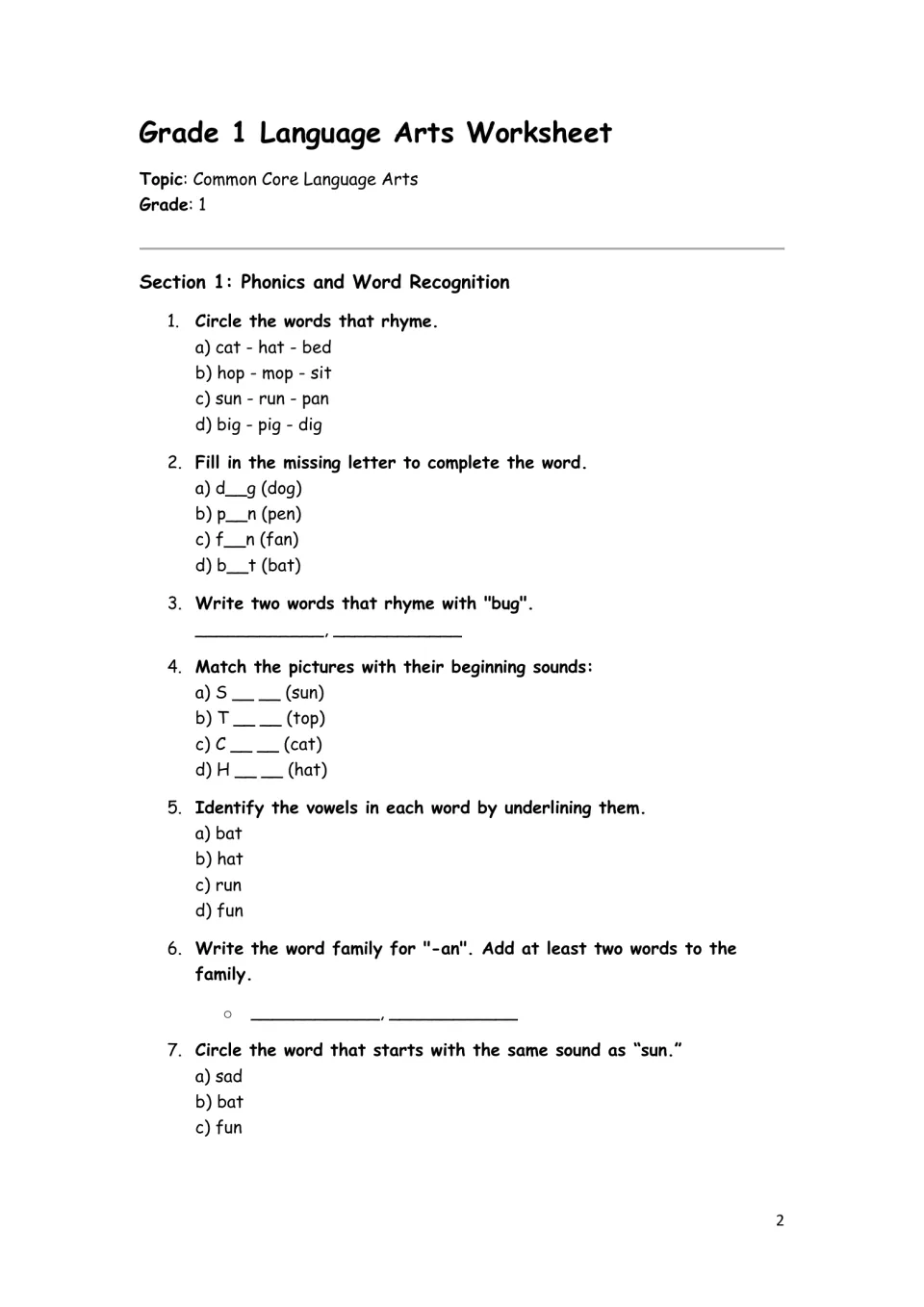 Phonics activities 1–7: rhyming words, missing letters, beginning sounds, vowels, and the -an word family