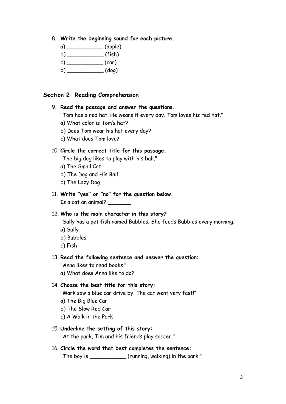 Activities 8–16: beginning sounds and reading questions about Tom’s red hat, Sally’s fish, titles, and setting