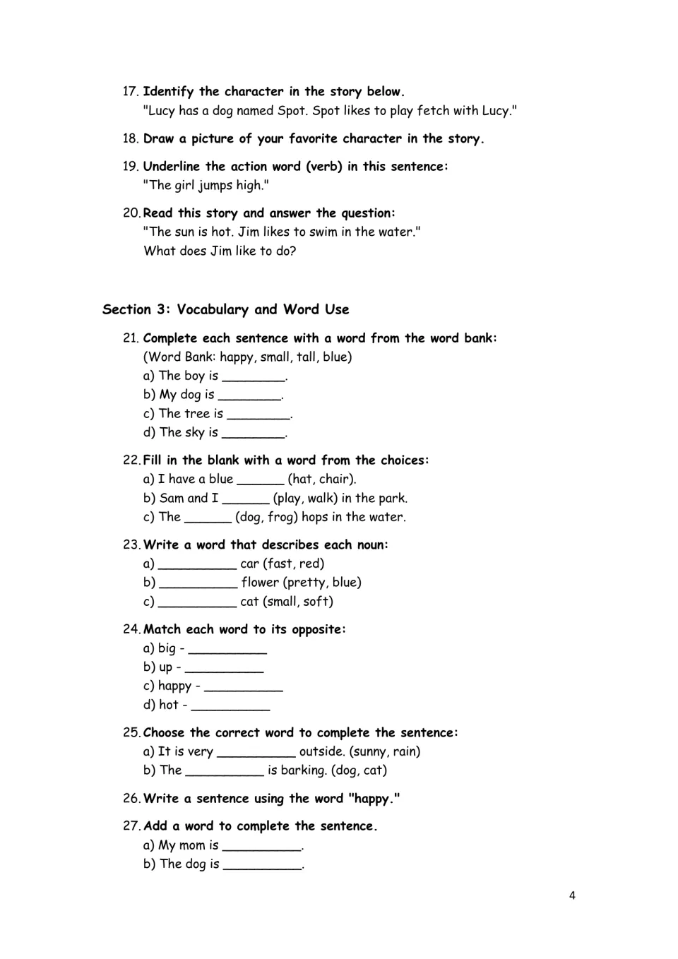Activities 17–27: Lucy and Spot, Jim swimming, action words, describing words, opposites, and sentence writing