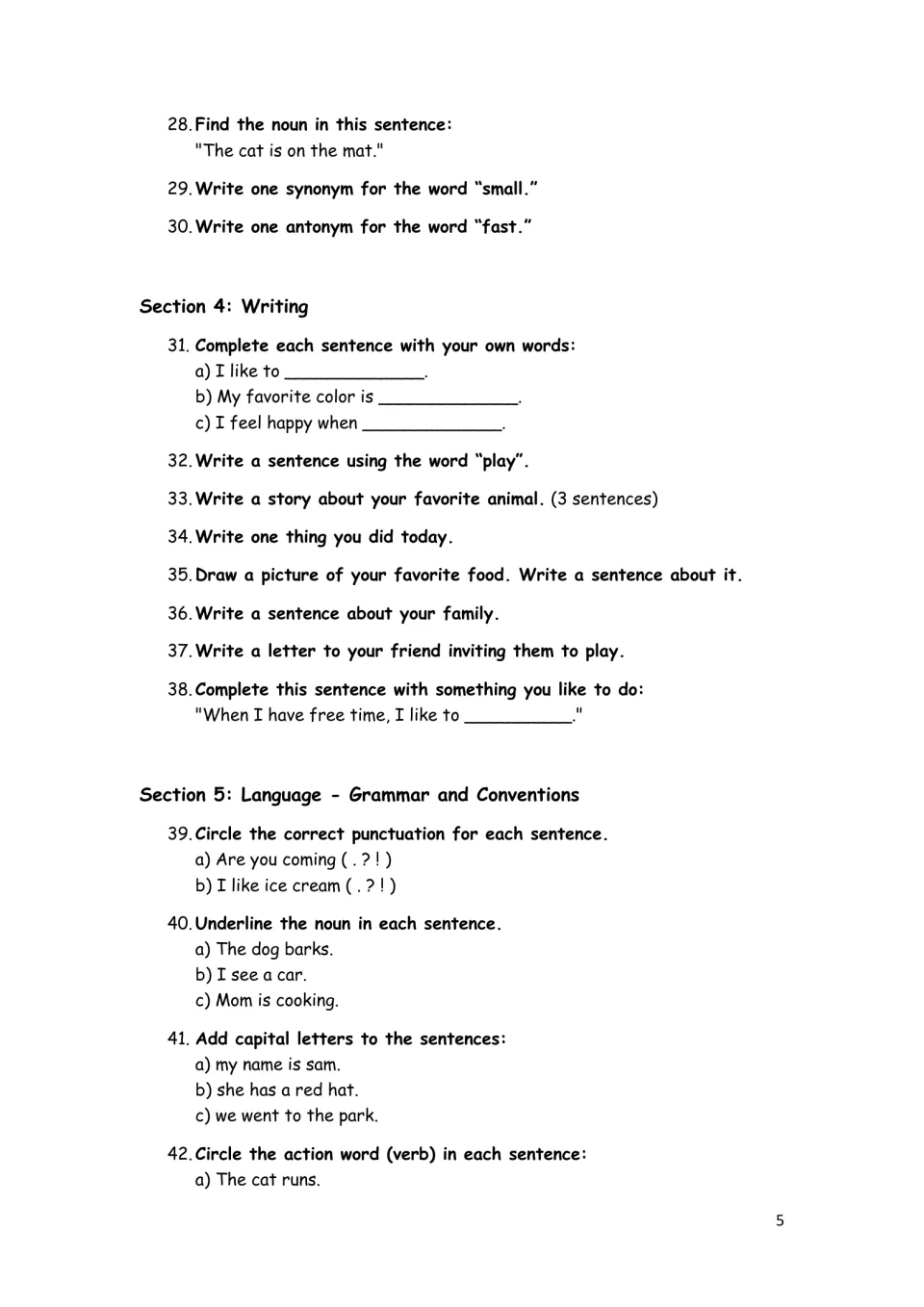 Activities 28–42: nouns, synonyms, antonyms, an animal story, a letter to a friend, punctuation, and capitals