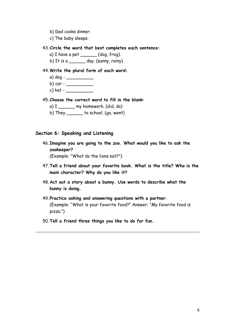 Activities 42–50 continue with verbs, plurals, word choices, zookeeper questions, and favorite-book sharing