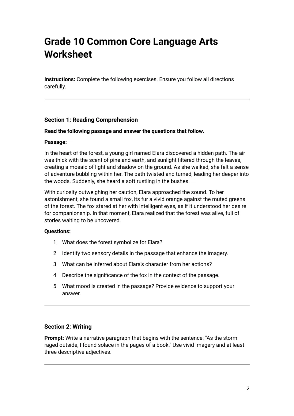 Language arts sections 1–2: Elara's forest passage, five comprehension questions, and a narrative prompt