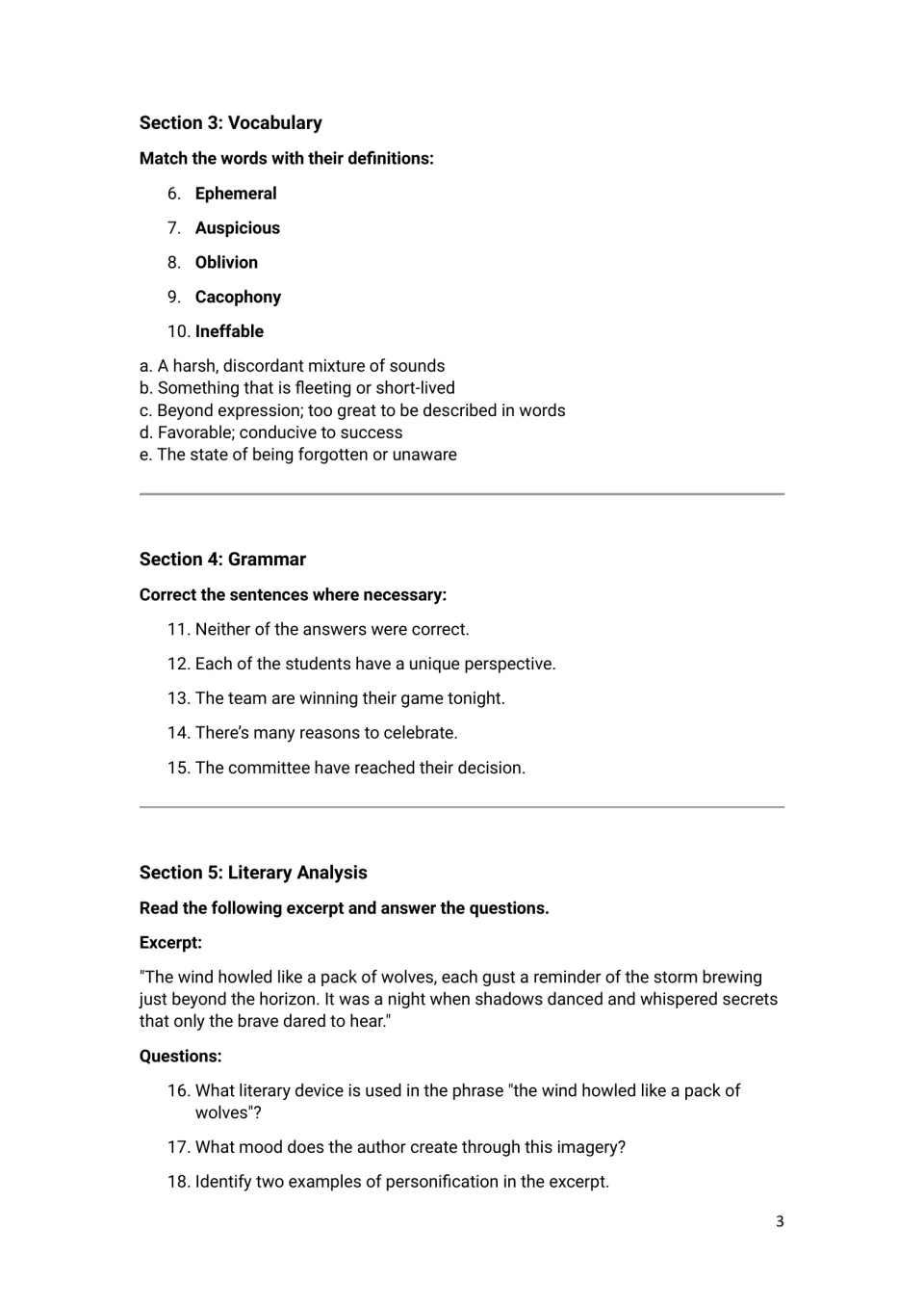 Language arts sections 3–5: vocabulary matching, grammar corrections, and storm imagery analysis