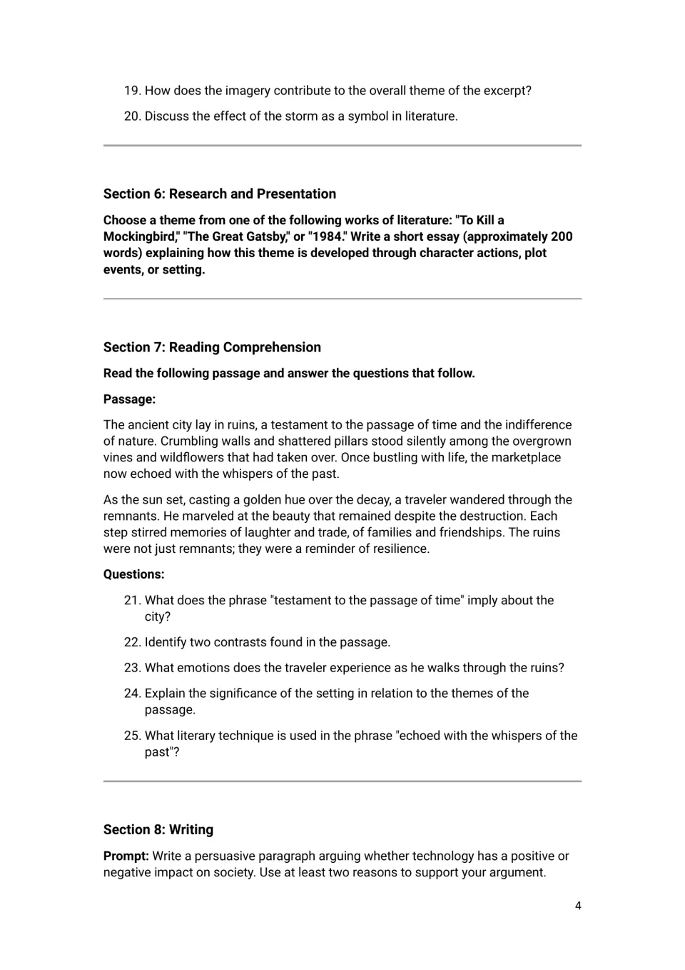 Language arts sections 5–8: storm symbolism, a literature essay, ancient ruins reading, and persuasive writing