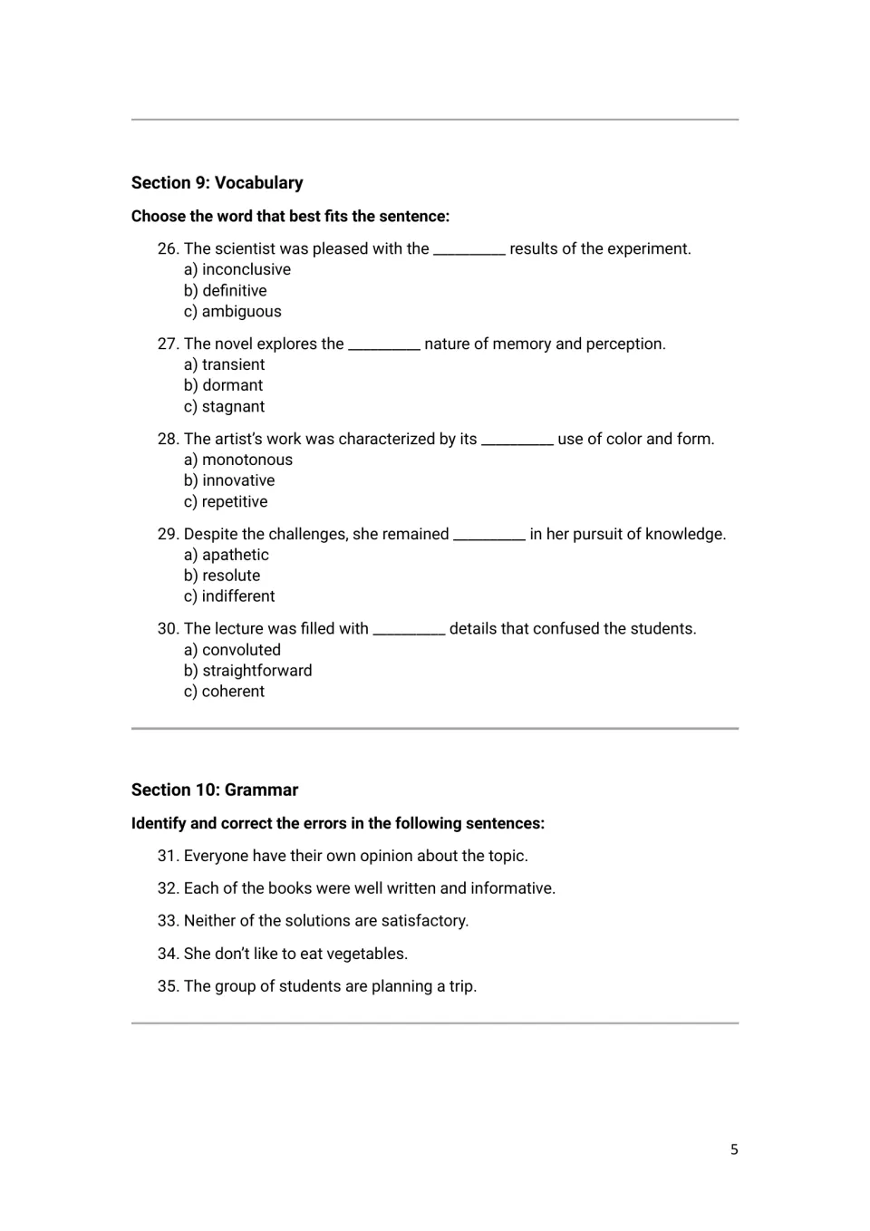 Language arts sections 9–10: five vocabulary sentence completions and five grammar correction questions