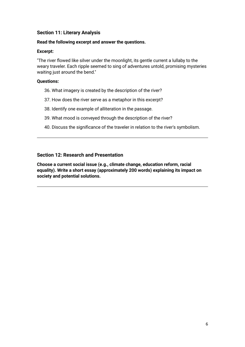 Language arts sections 11–12: five river imagery analysis questions and a short essay on a social issue