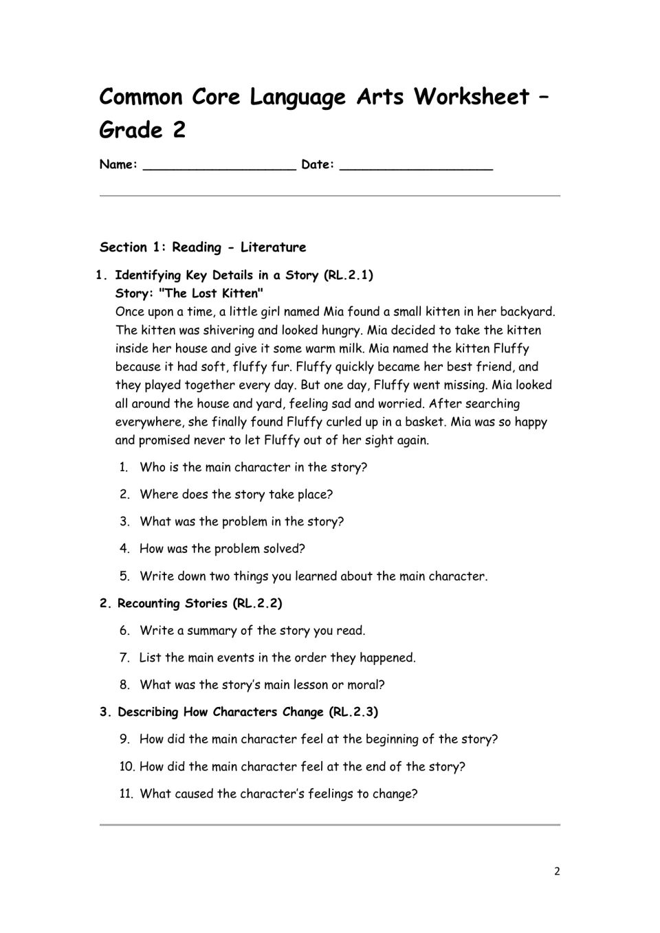 Reading literature questions 1–11 use 'The Lost Kitten' to explore story details, events, and Mia's feelings