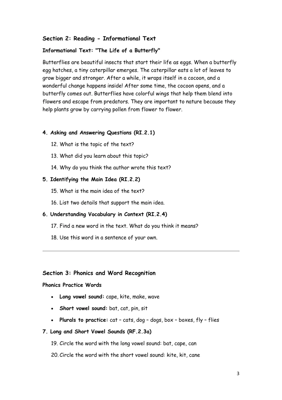 Reading and phonics questions 12–20 cover 'The Life of a Butterfly,' main idea, vocabulary, and vowel sounds