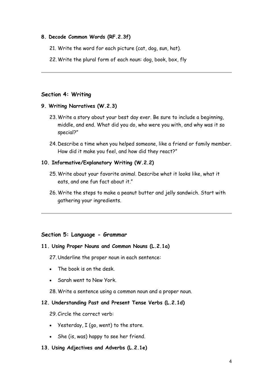 Language arts questions 21–29 cover common words, plurals, narrative and informative writing, nouns, and verbs