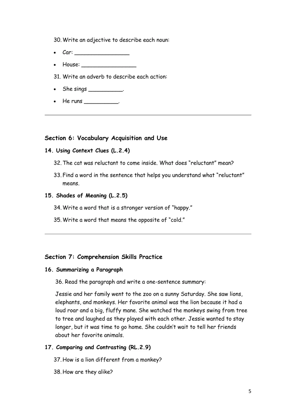 Language arts questions 30–38 cover adjectives, adverbs, word meanings, and a summary of Jessie's zoo visit