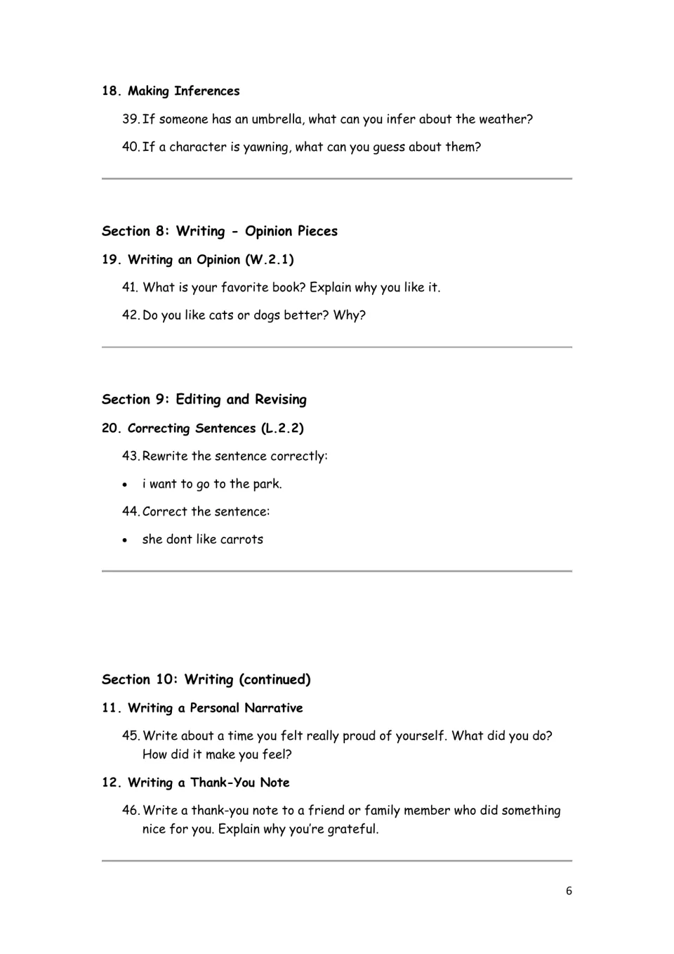 Language arts questions 39–46 cover inferences, opinions, sentence corrections, and a personal narrative