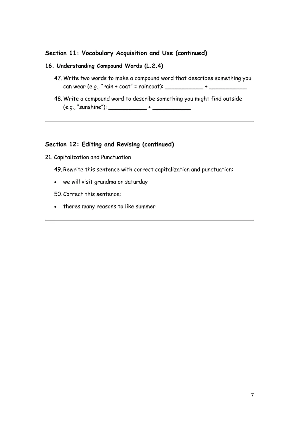 Final activity questions 47–50 ask students to build compound words and correct capitalization and punctuation