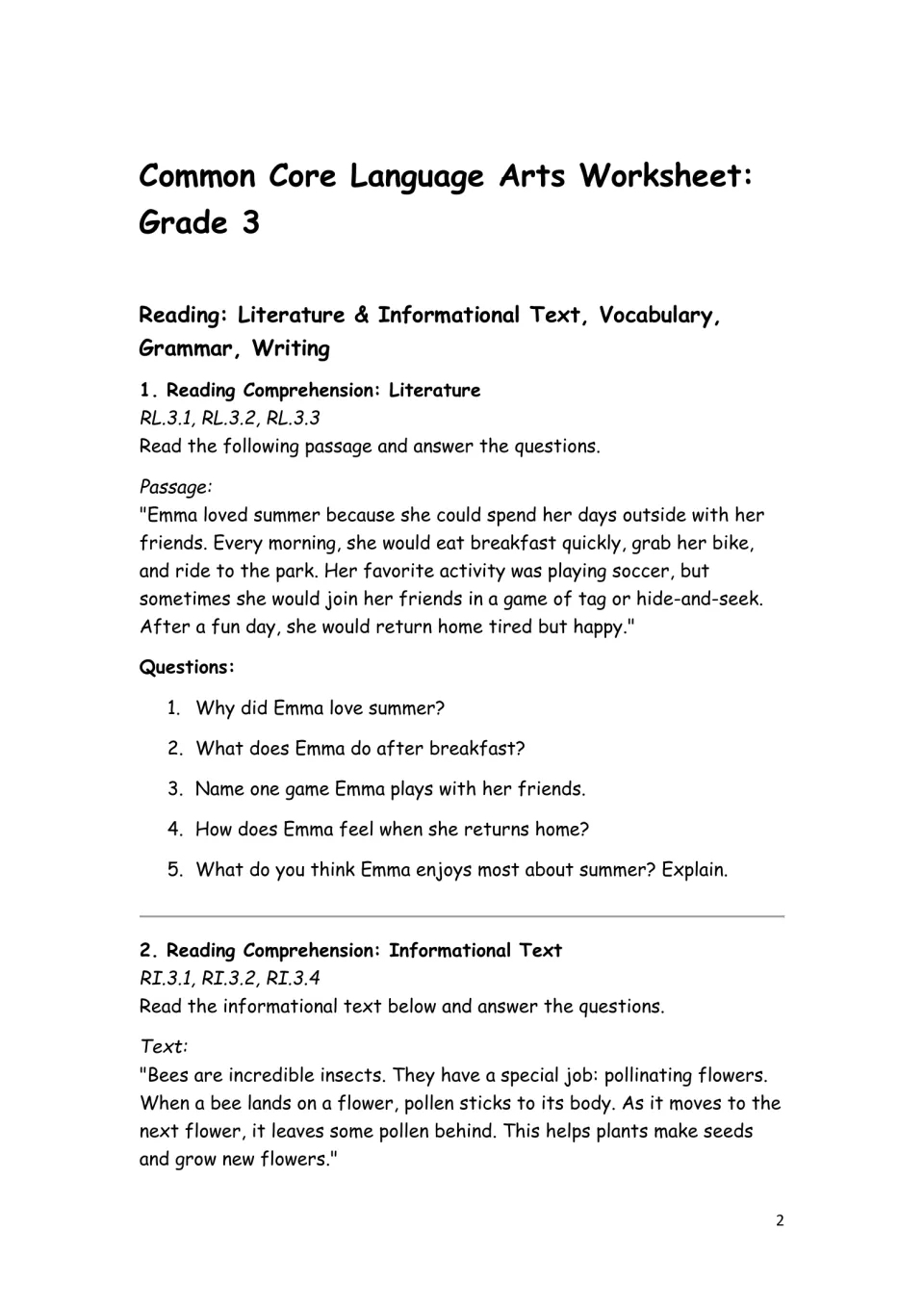 Reading comprehension: students read a story about Emma's summer and answer 5 questions, then read a passage about bees