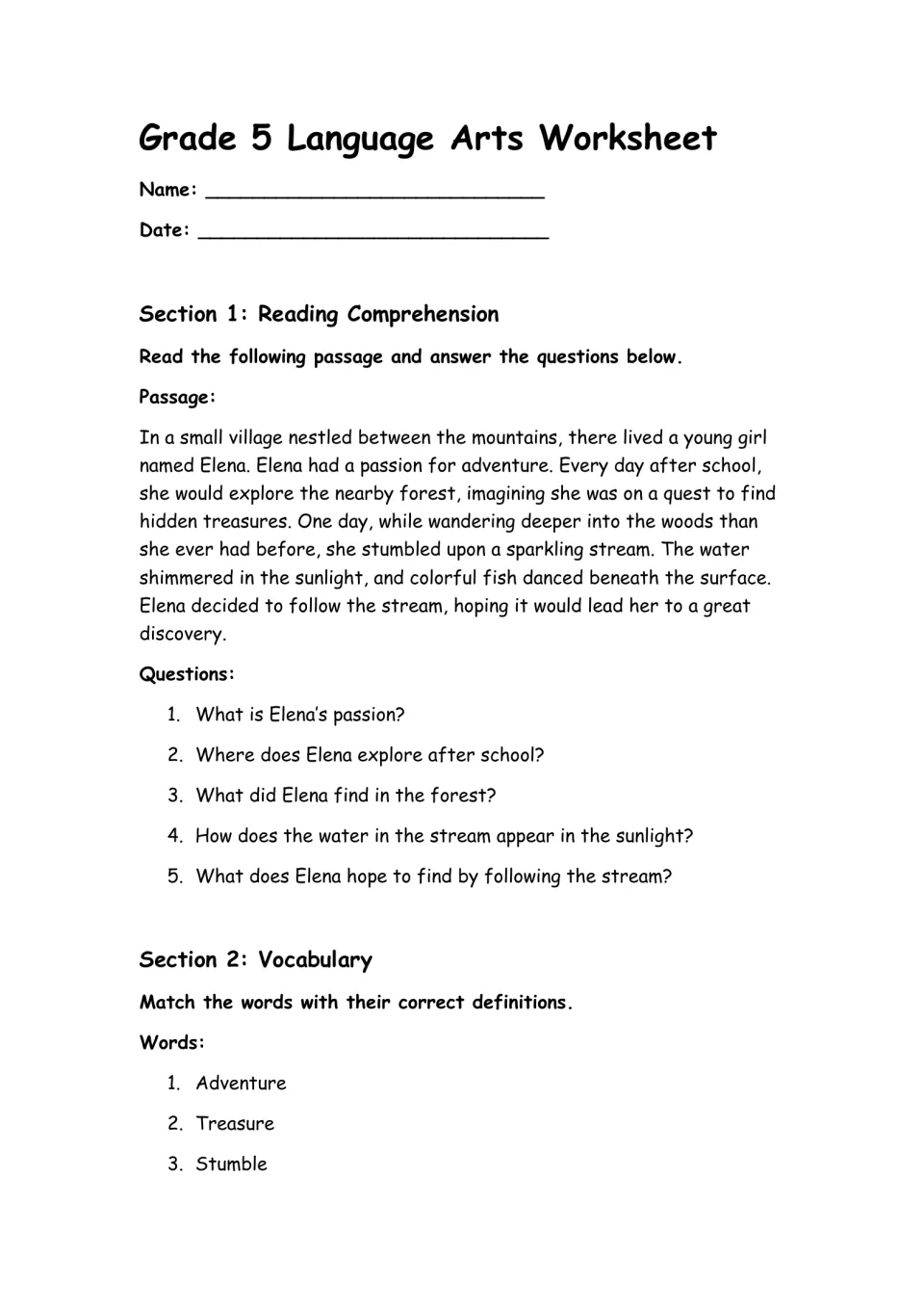 Reading comprehension: students read a passage about Elena's forest adventure, answer 5 questions, then match vocabulary