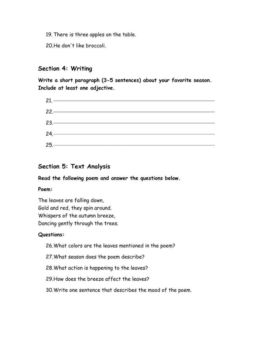 Writing and poetry: students write a paragraph on a favorite season, then answer 5 questions about an autumn poem