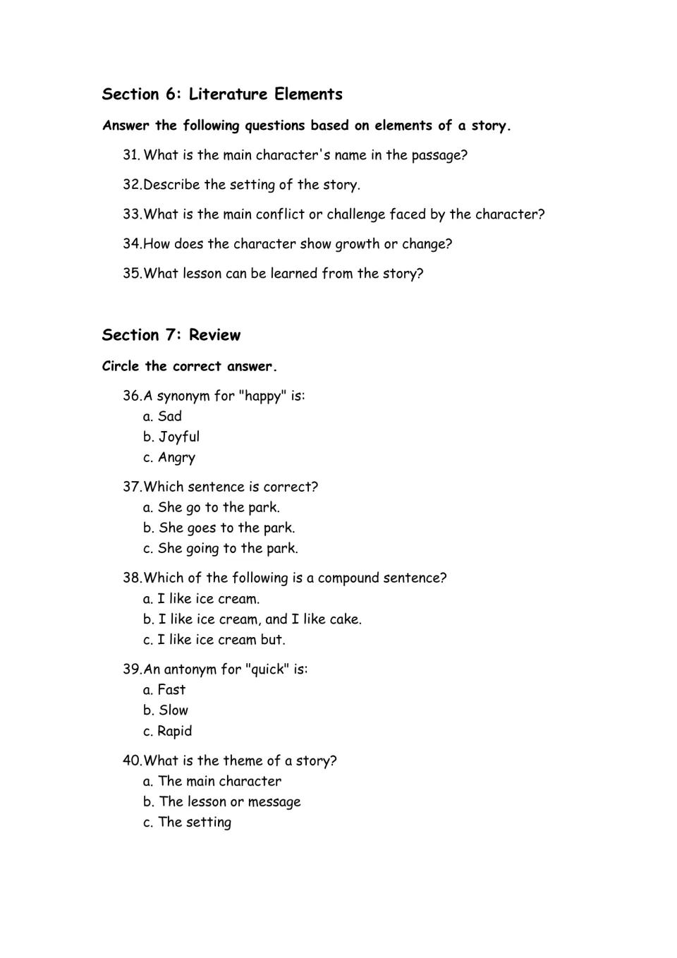 Story elements and review: students answer setting and conflict questions, then circle answers on synonyms and grammar